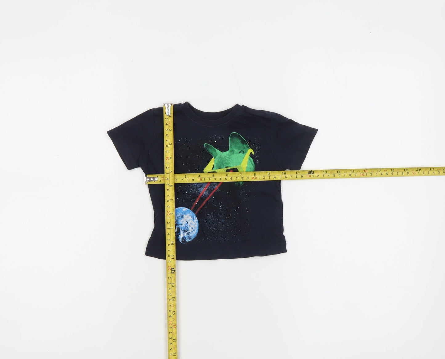Little Lads Boys Black Space Cat Graphic Short Sleeve Cotton T-Shirt 18-24M
