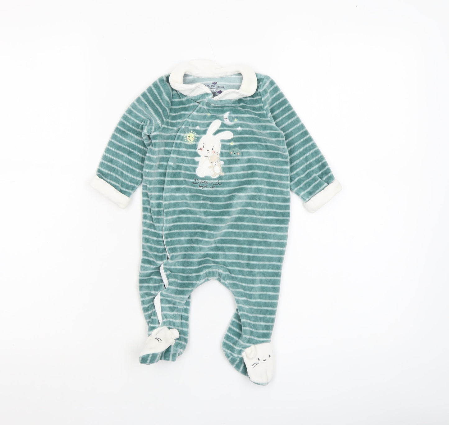 Sergent Major Green Striped Bunny Babygrow Unisex 4M Velour Long Sleeve