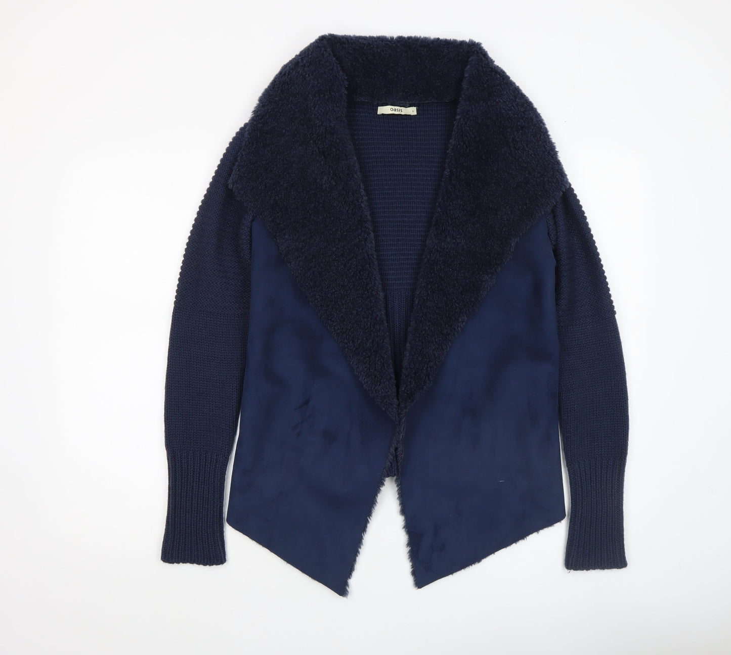 Oasis Women's Blue Open Front Faux Fur Trim Knit Cardigan Size S