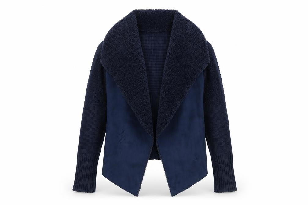 Oasis Women's Blue Open Front Faux Fur Trim Knit Cardigan Size S