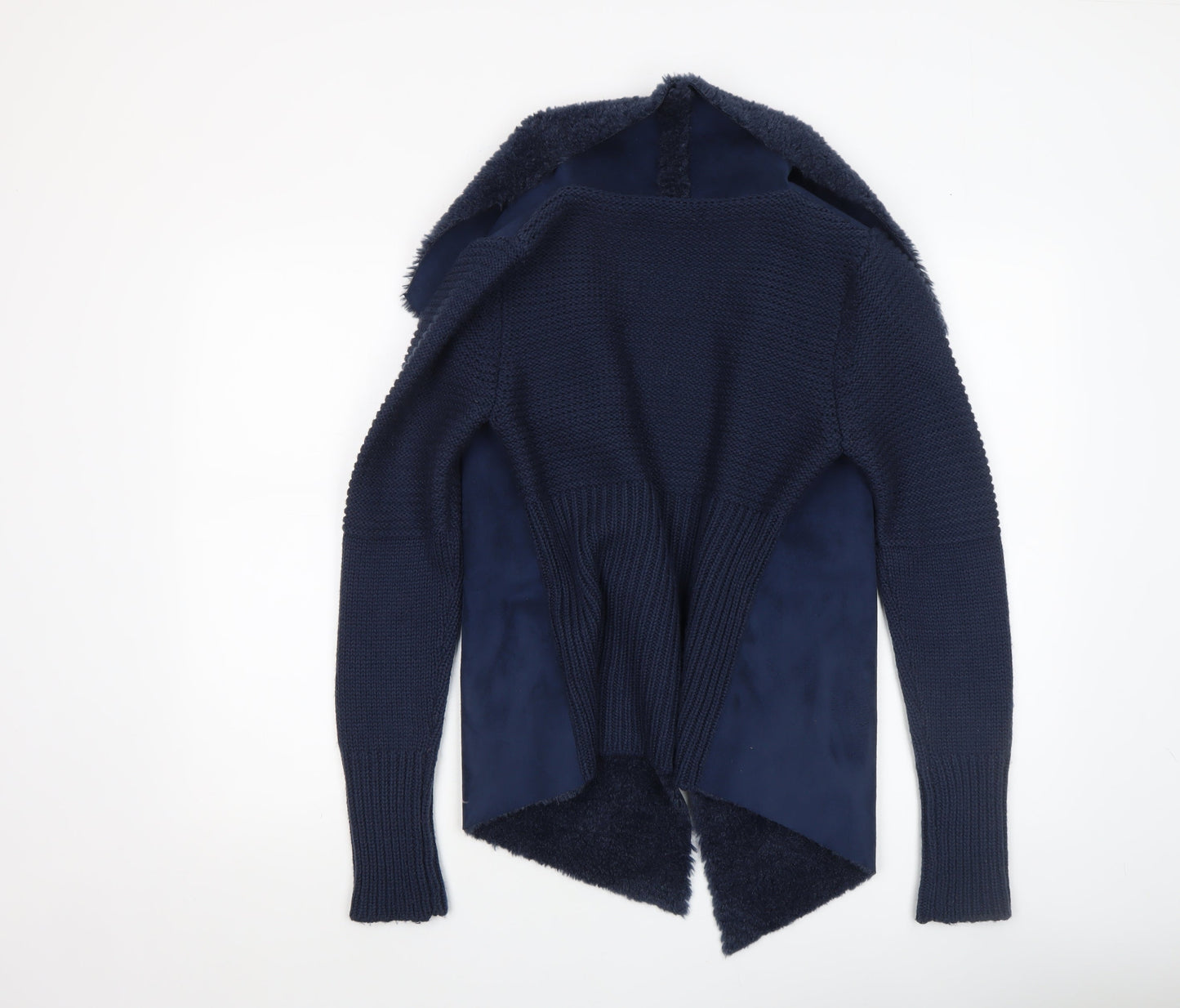 Oasis Women's Blue Open Front Faux Fur Trim Knit Cardigan Size S