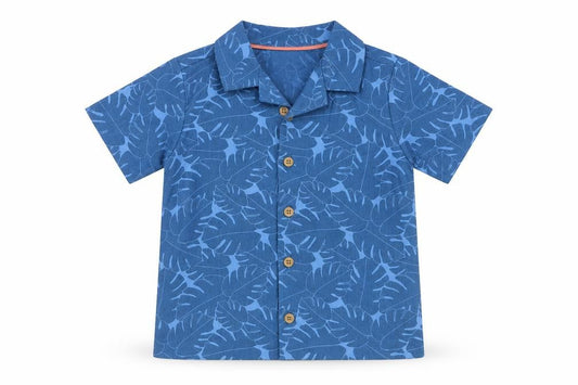 Front view of John Lewis boys’ blue leaf print cotton linen button-up shirt 24 months