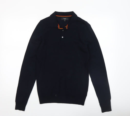 Next Men's Black Collared Henley Jumper XS Cotton Blend Knitwear