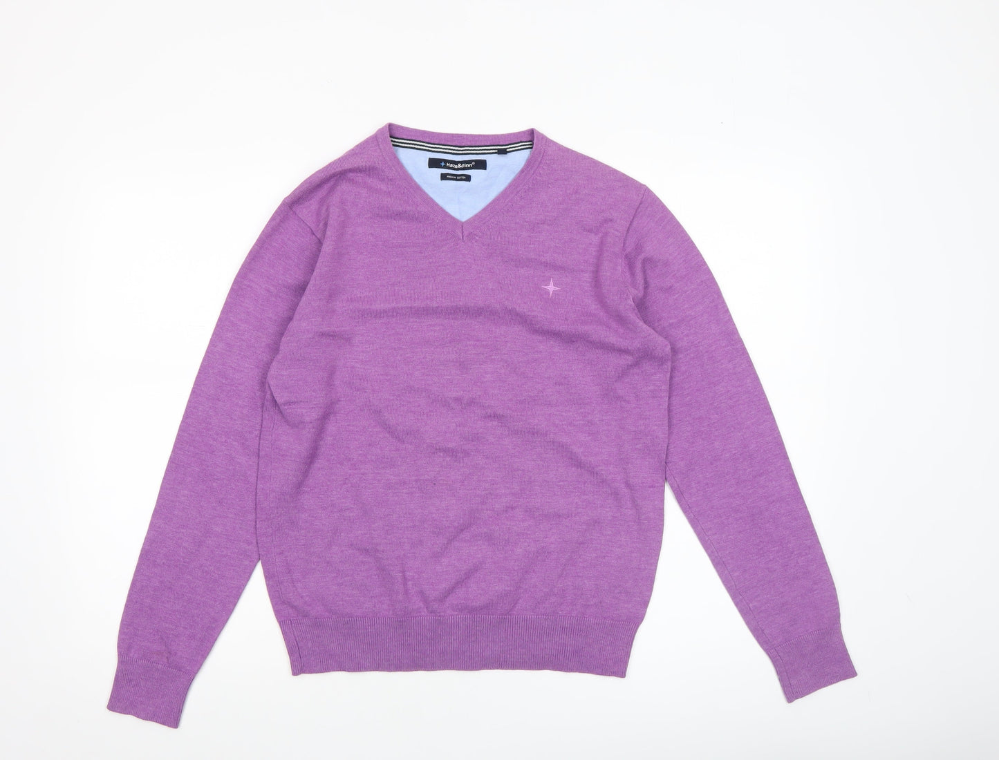 Haze & Finn Men's Purple V-Neck Cotton Blend Jumper Size S