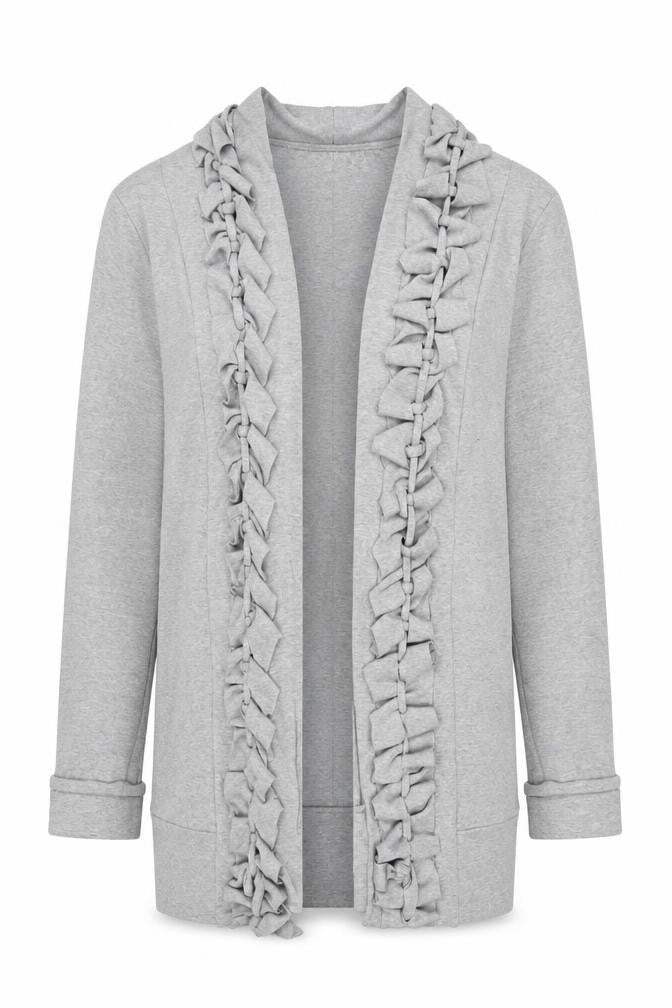 Fran Jane Women’s Grey Ruffle Open Front Mid-Length Cotton Blend Jacket M