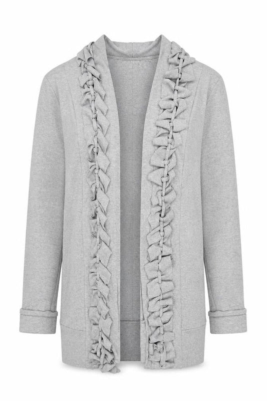 Fran Jane Women’s Grey Ruffle Open Front Mid-Length Cotton Blend Jacket M