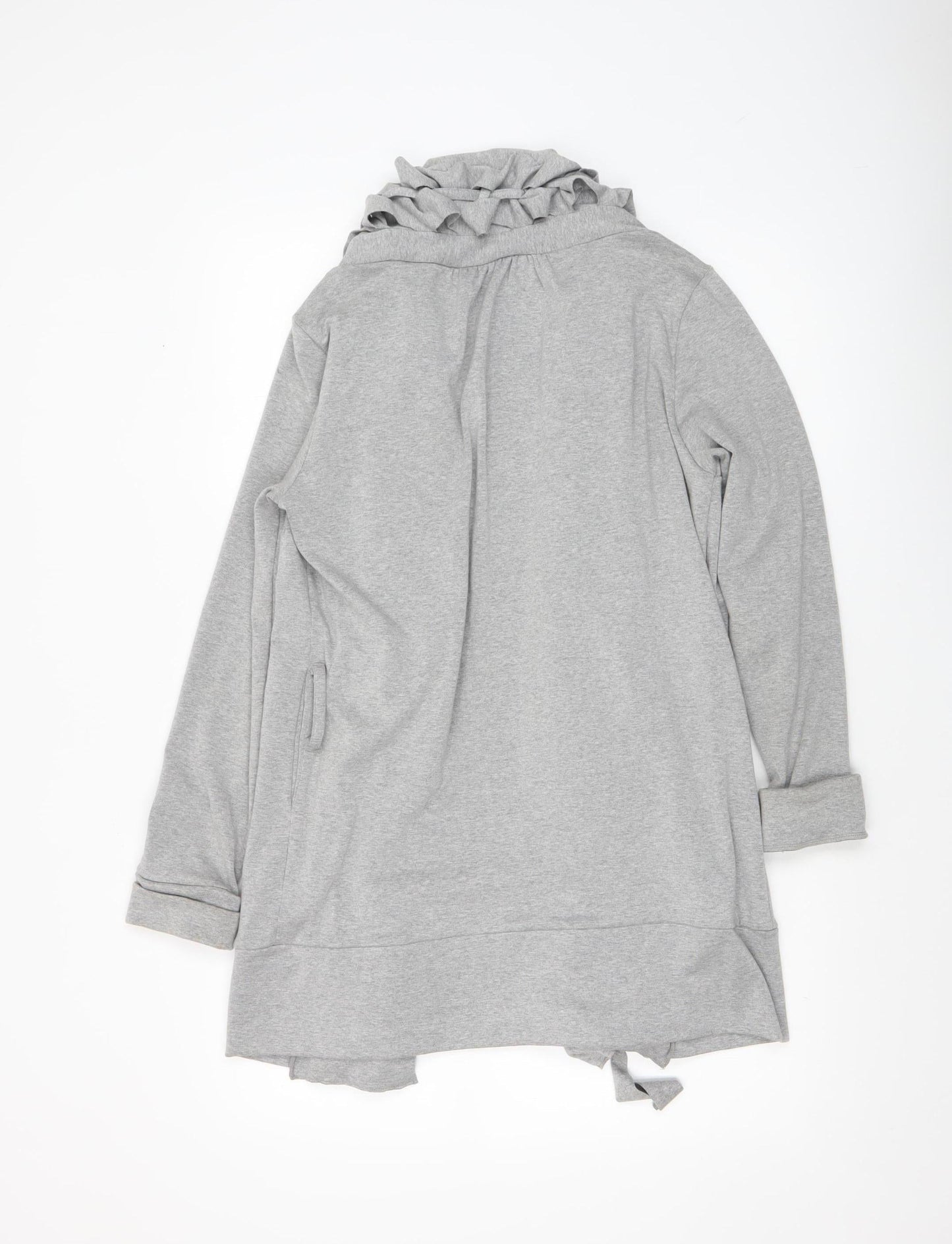 Fran Jane Women’s Grey Ruffle Open Front Mid-Length Cotton Blend Jacket M