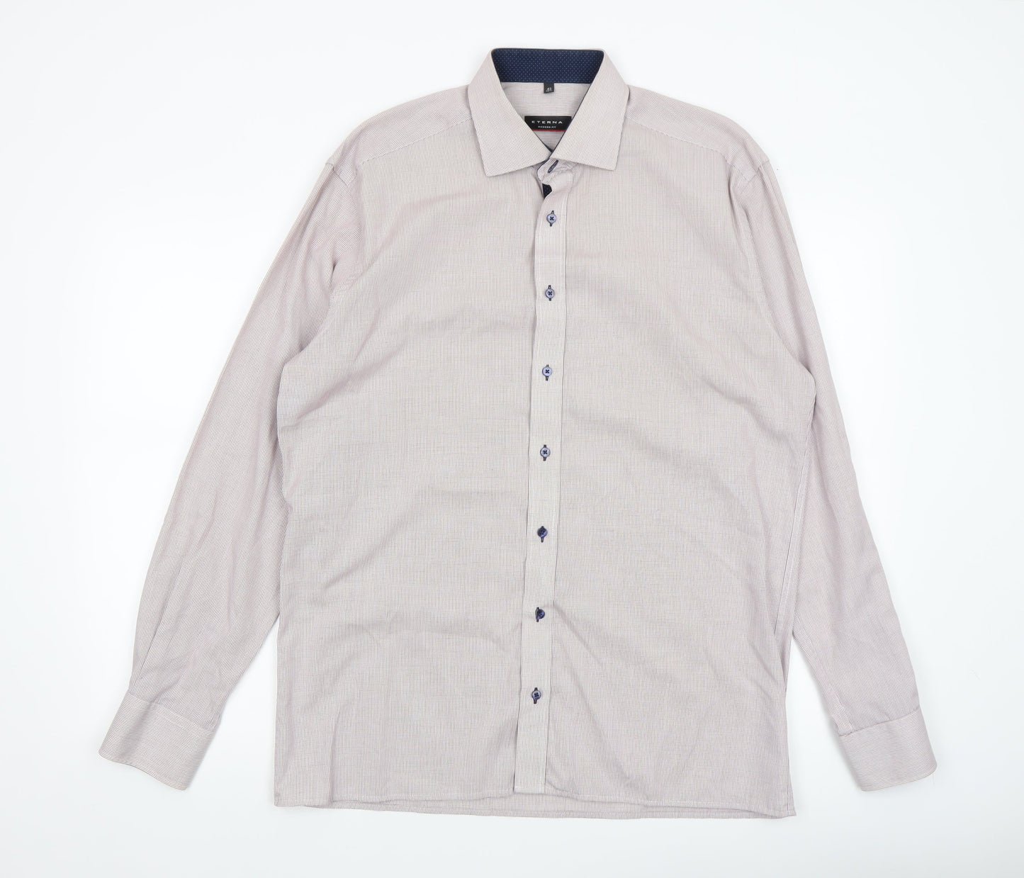Eterna Men's Beige Check 100% Cotton Non-Iron Long Sleeve Dress Shirt L 42cm