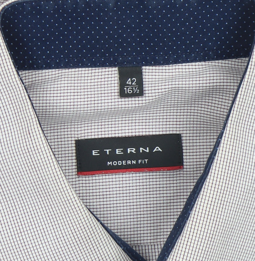 Eterna Men's Beige Check 100% Cotton Non-Iron Long Sleeve Dress Shirt L 42cm