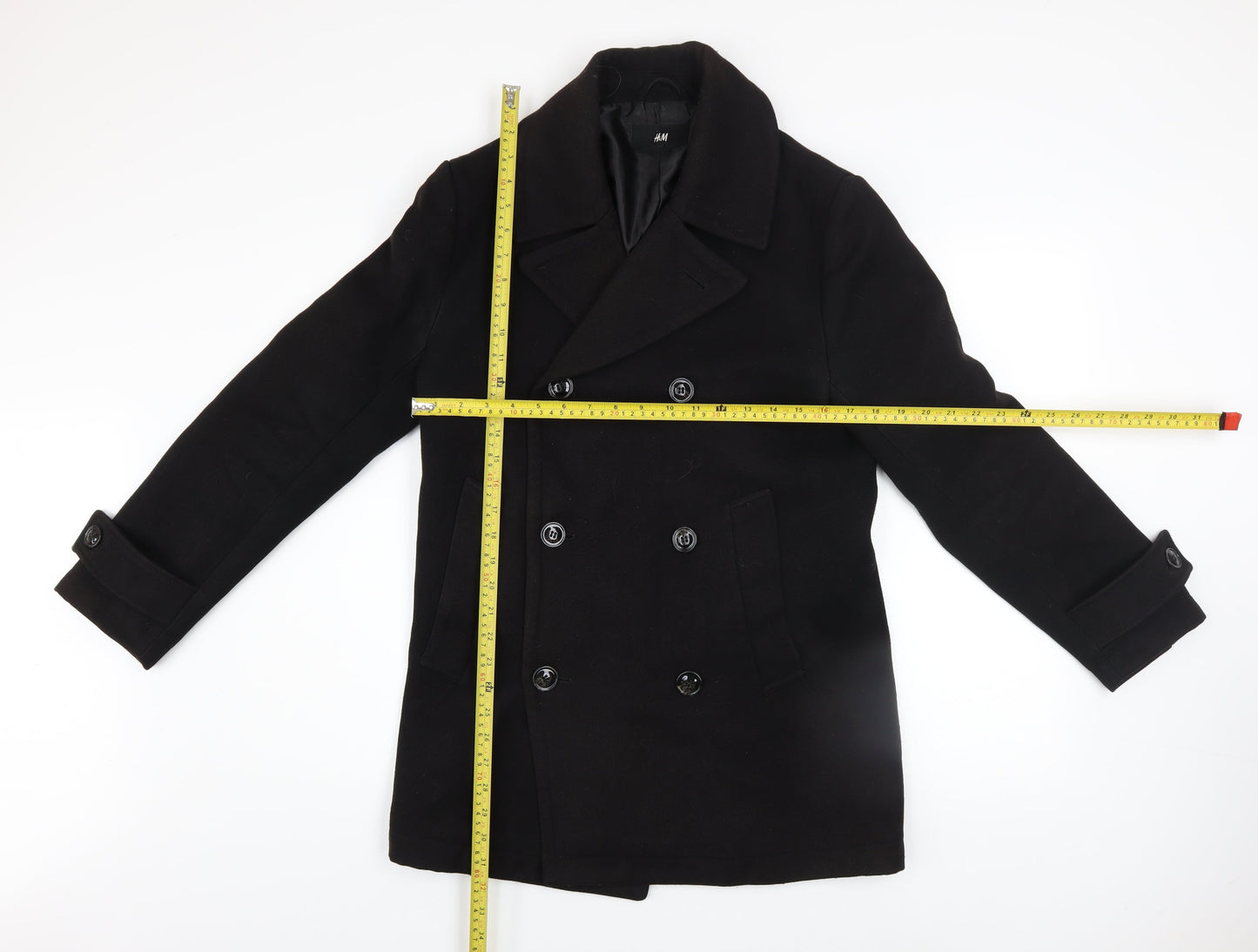 H&M Men’s Black 36 Regular Pea Coat Wool-Look Winter Jacket