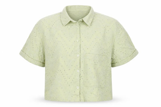 Front view of Marks & Spencer girls’ green embroidered cropped button-up shirt 11-12 years