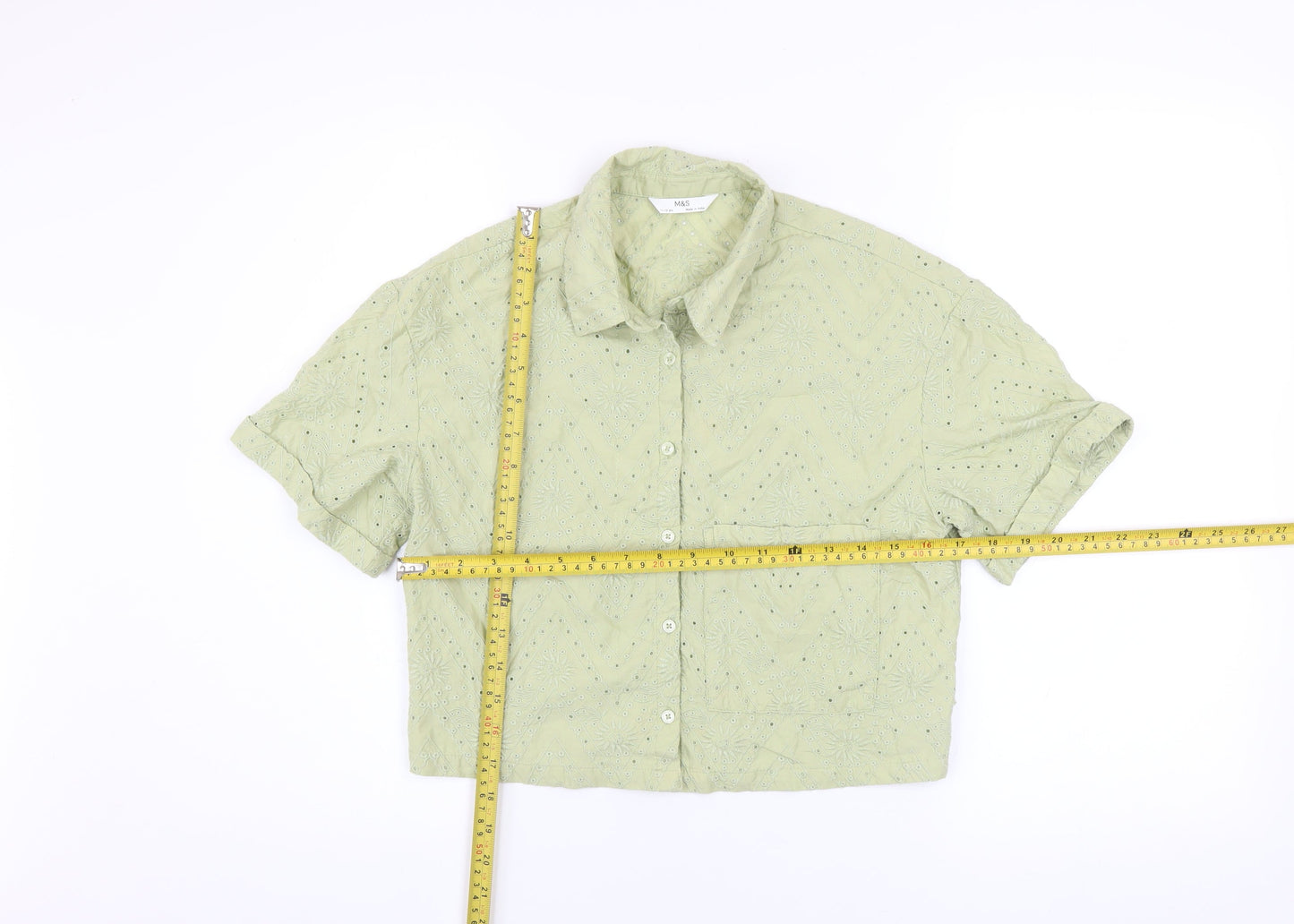 Marks and Spencer Girls Green Embroidered Cropped Button-Up Shirt 11-12 Years