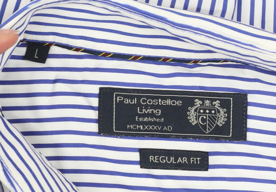 Paul Costelloe Men Blue Striped Cotton Long Sleeve Regular Fit Shirt L