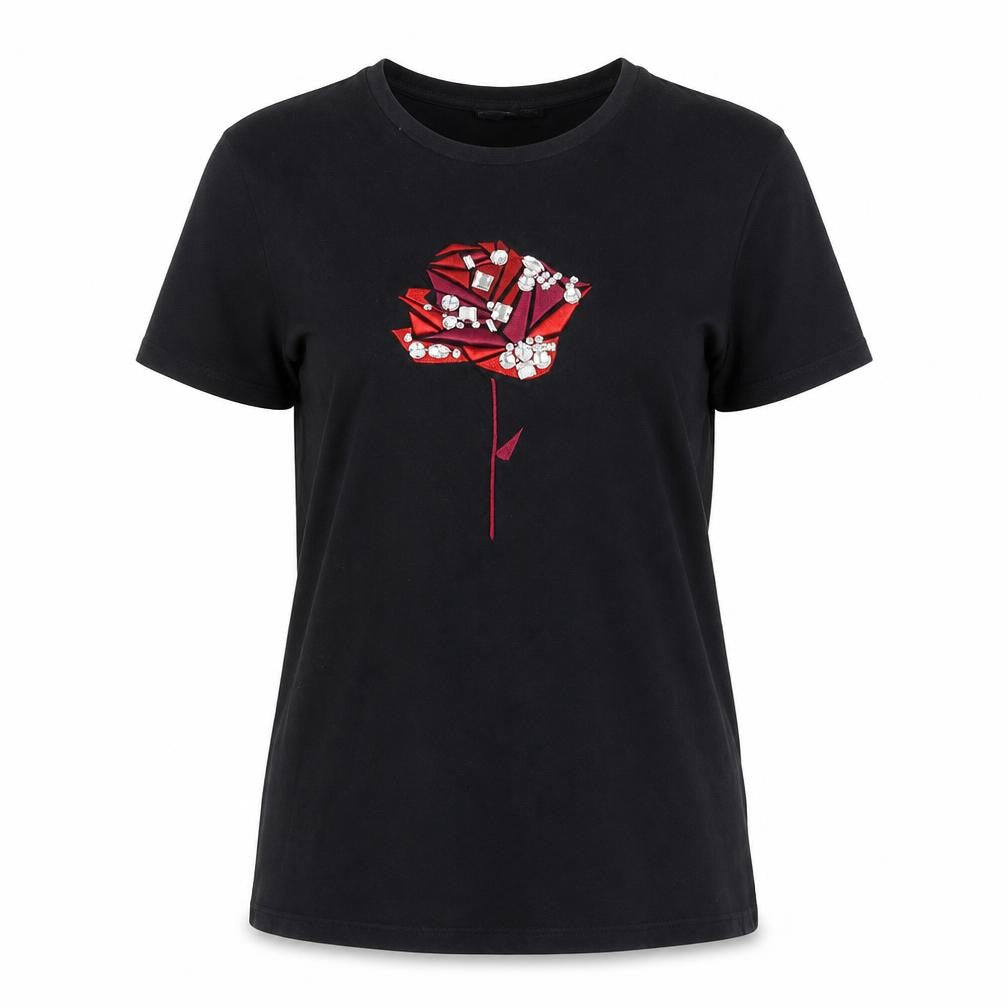 Zara Women's Black Beaded Rose T-Shirt Size S Short Sleeve Cotton