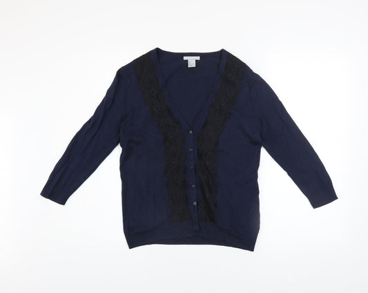 H&M Women's Blue Lace Trim Button Cardigan Size 8 V-Neck Knit