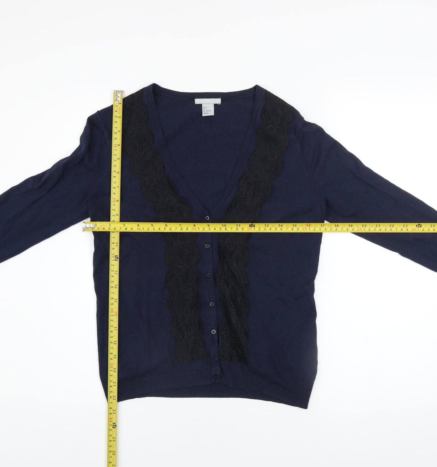 H&M Women's Blue Lace Trim Button Cardigan Size 8 V-Neck Knit