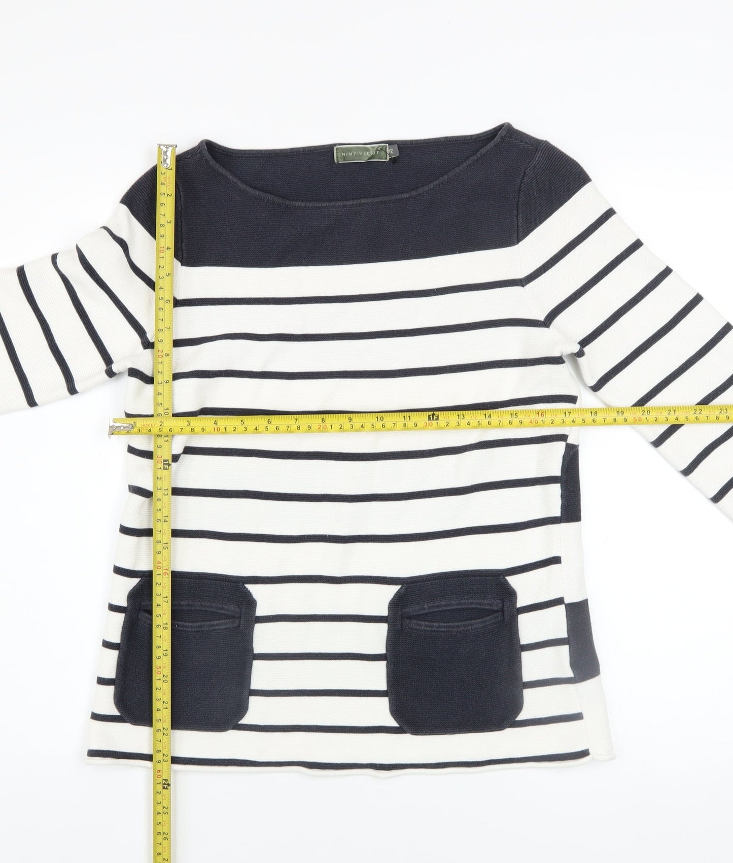 Mint Velvet Women’s Blue Striped Cotton Boat Neck Jumper Size 12