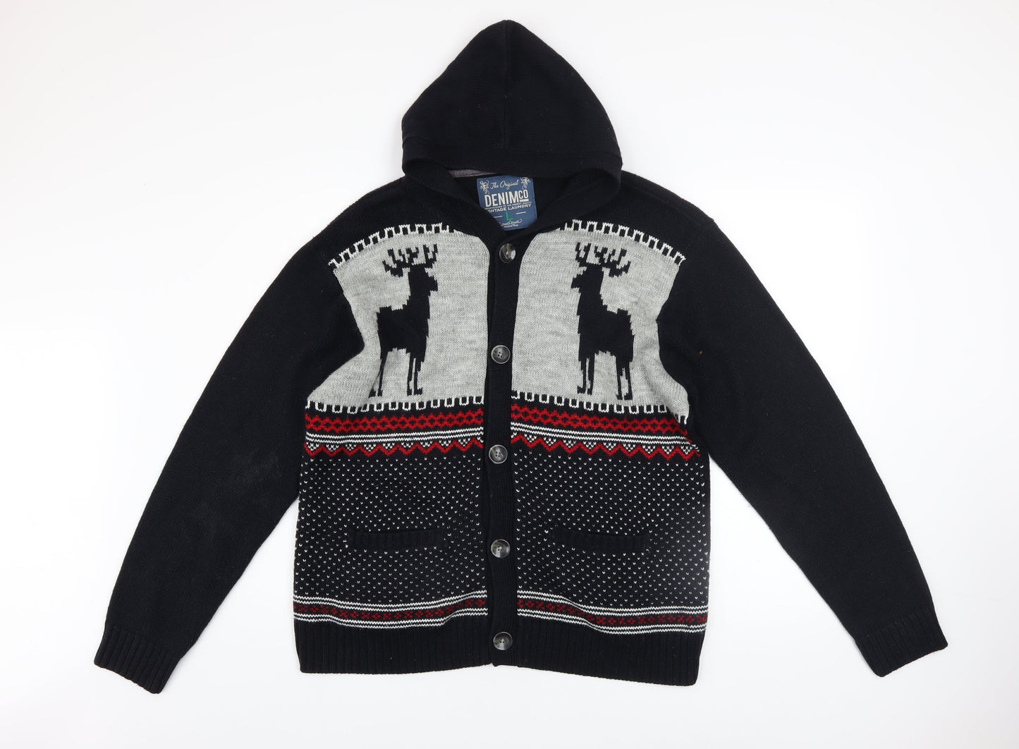 Denim Co Men's Black Fair Isle Hooded Cardigan L Acrylic Wool