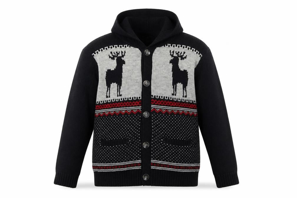 Denim Co Men's Black Fair Isle Hooded Cardigan L Acrylic Wool