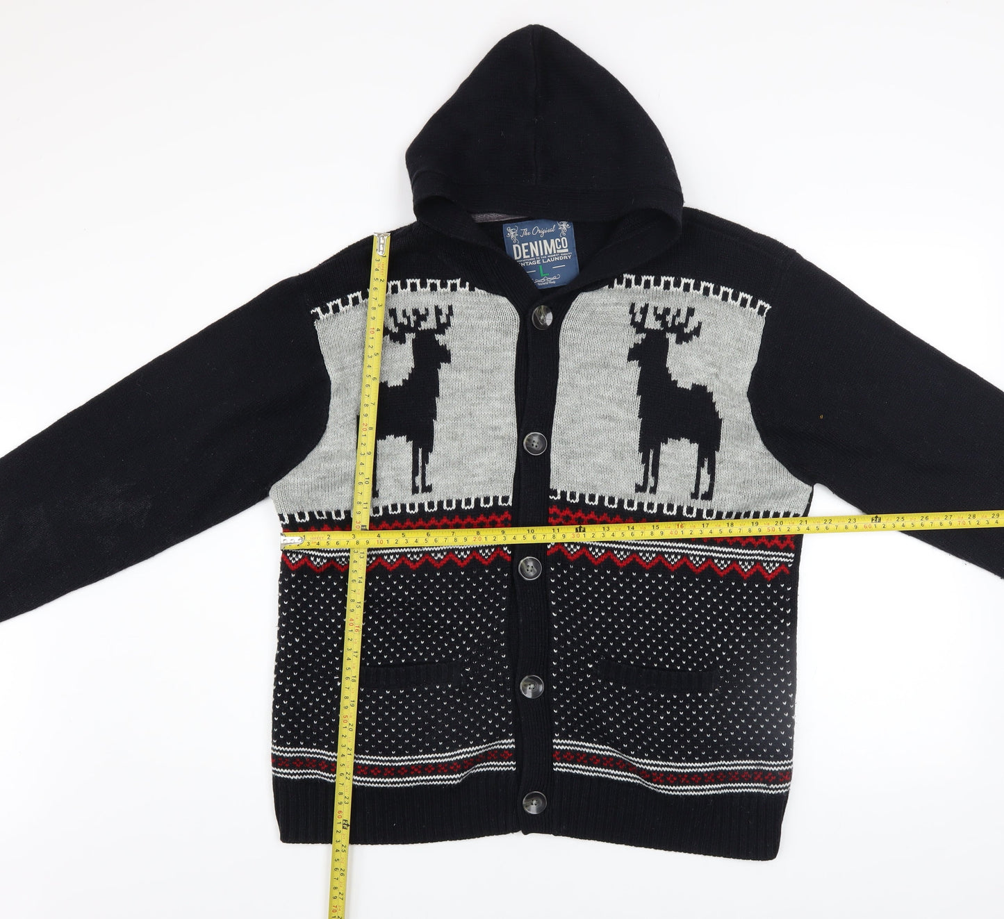 Denim Co Men's Black Fair Isle Hooded Cardigan L Acrylic Wool