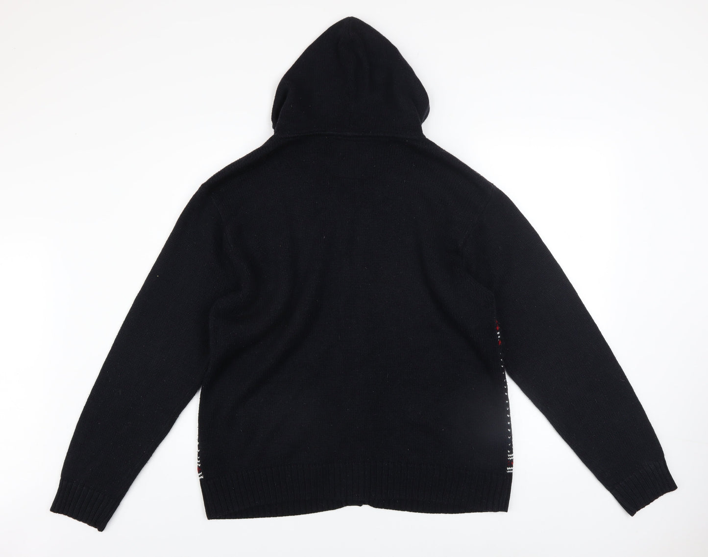 Denim Co Men's Black Fair Isle Hooded Cardigan L Acrylic Wool