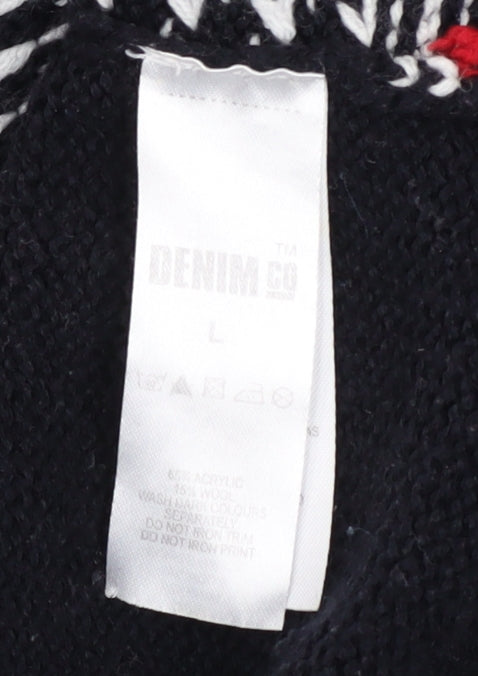 Denim Co Men's Black Fair Isle Hooded Cardigan L Acrylic Wool