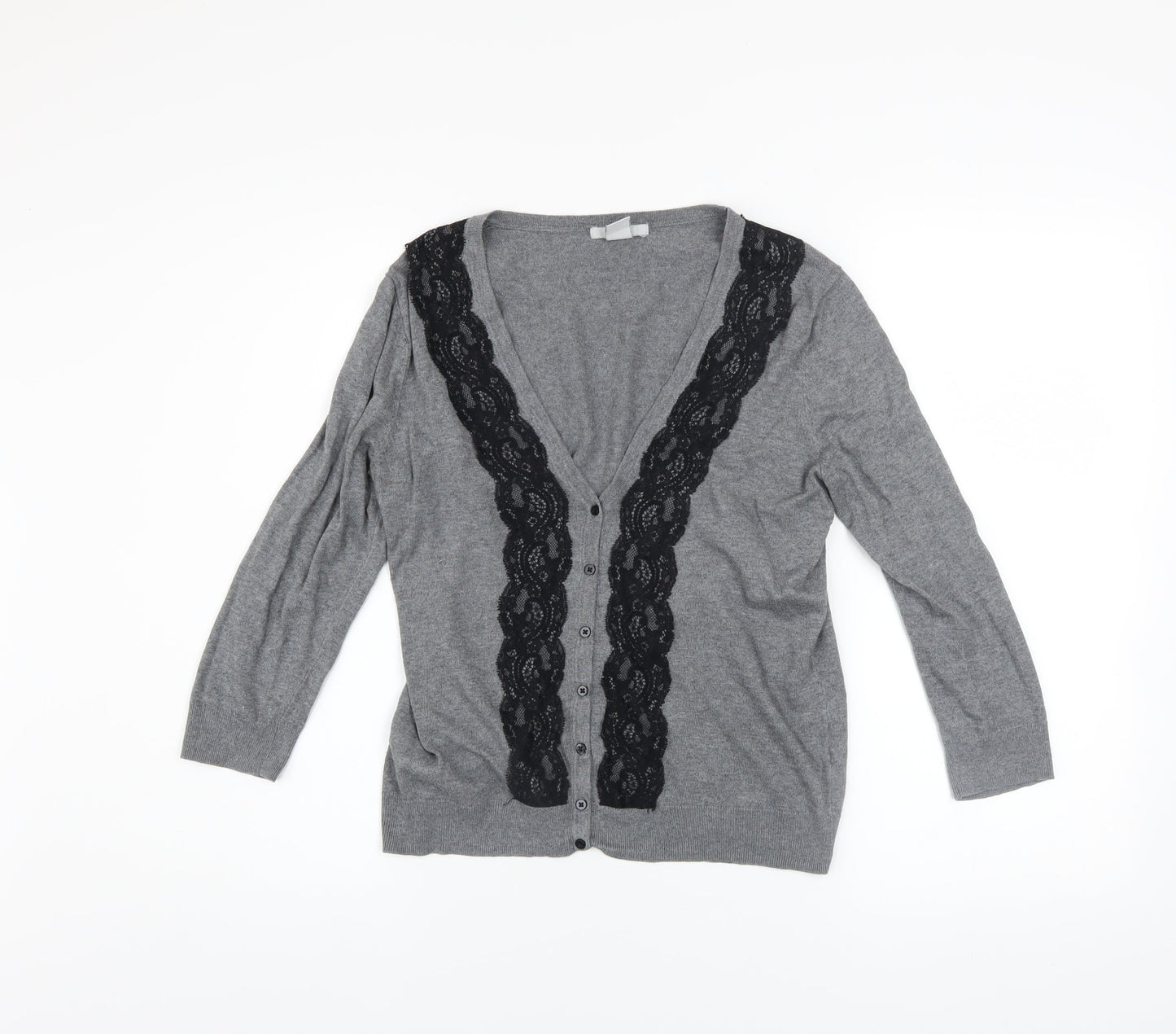H&M Women’s Grey V-Neck Lace Trim Button Cardigan Size 8