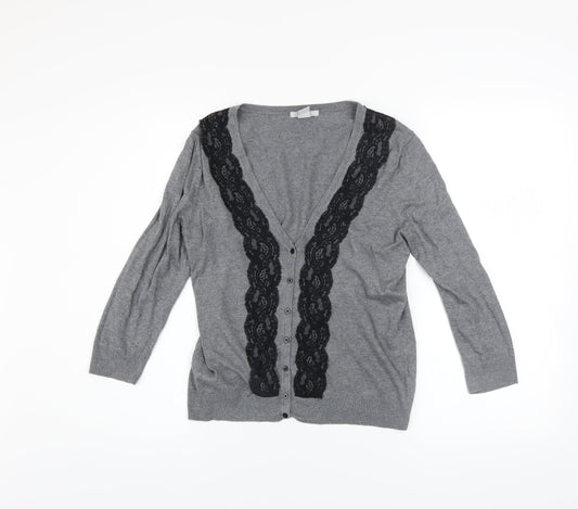 H&M Women’s Grey V-Neck Lace Trim Button Cardigan Size 8