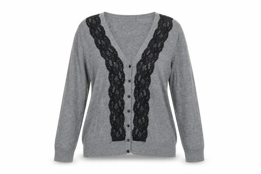 H&M Women’s Grey V-Neck Lace Trim Button Cardigan Size 8