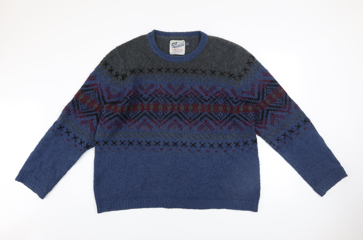 Topman Men's Blue Fair Isle Wool Blend Crew Neck Jumper XL