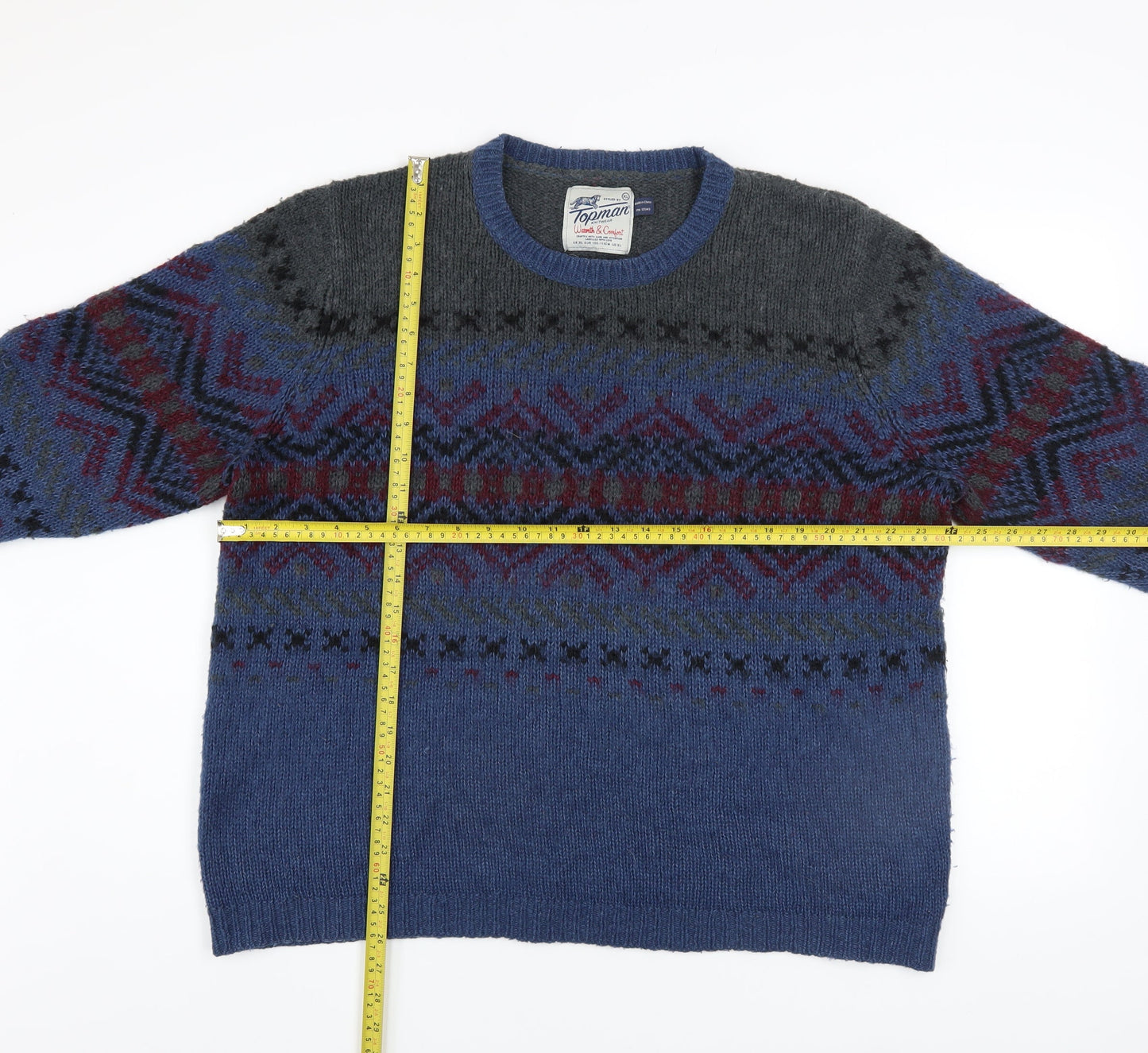 Topman Men's Blue Fair Isle Wool Blend Crew Neck Jumper XL