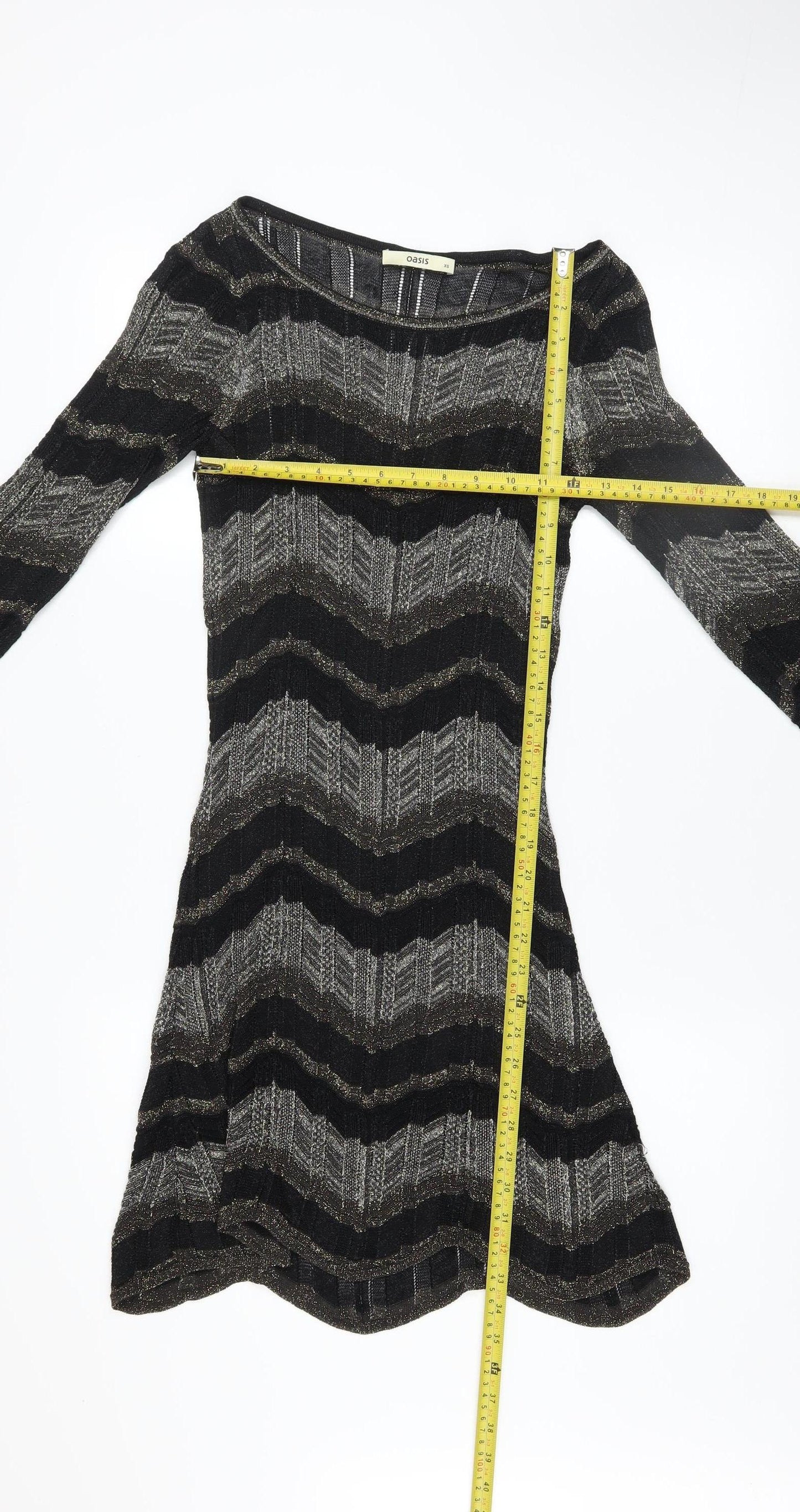 Oasis Women Black Chevron Knit A-Line Dress XS Long Sleeve