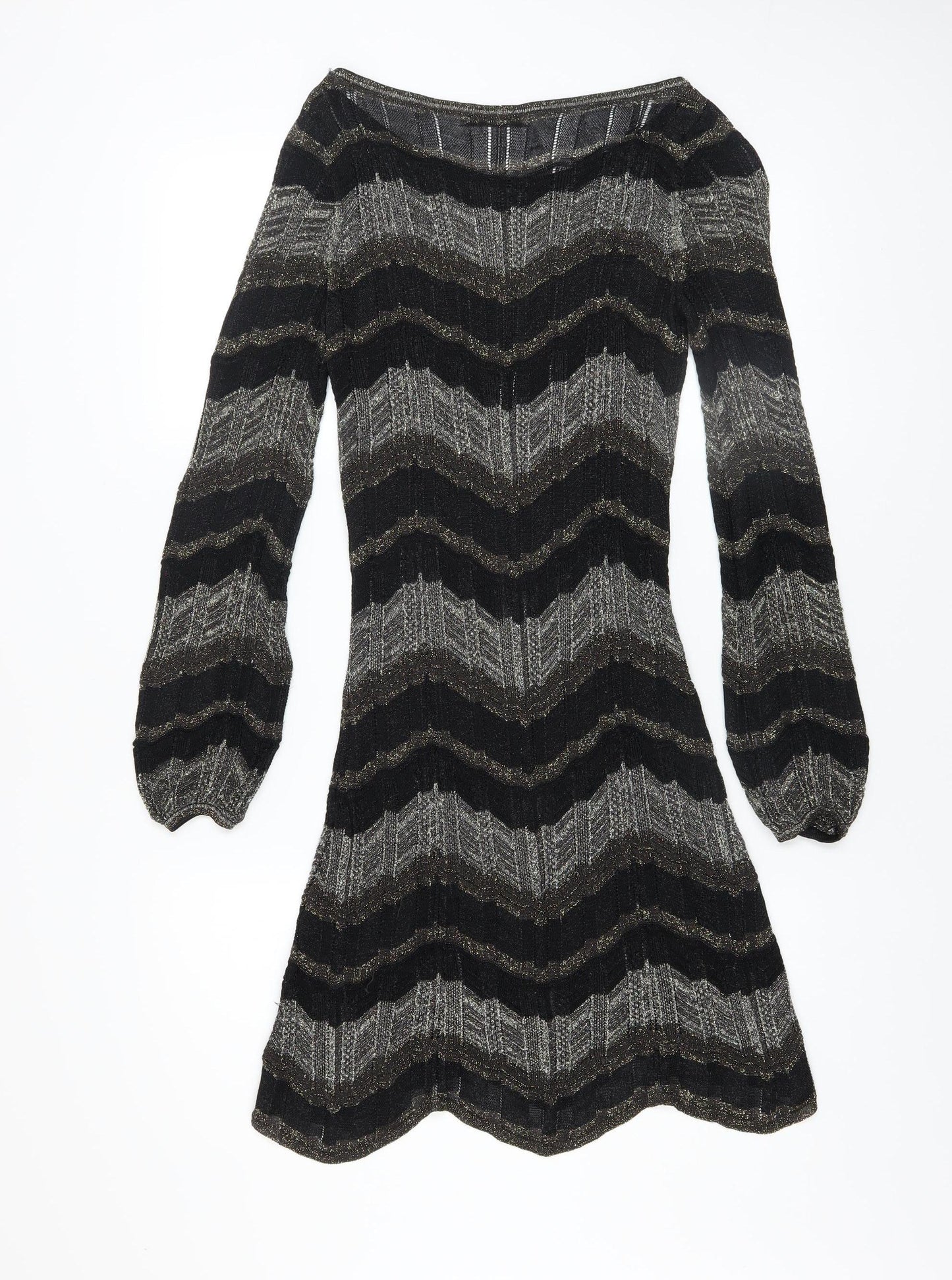 Oasis Women Black Chevron Knit A-Line Dress XS Long Sleeve