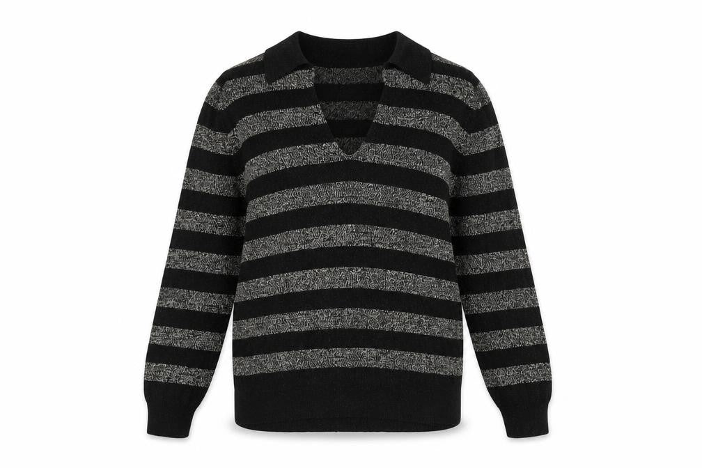 Marks & Spencer Womens Black Striped V-Neck Metallic Knit Jumper Size M