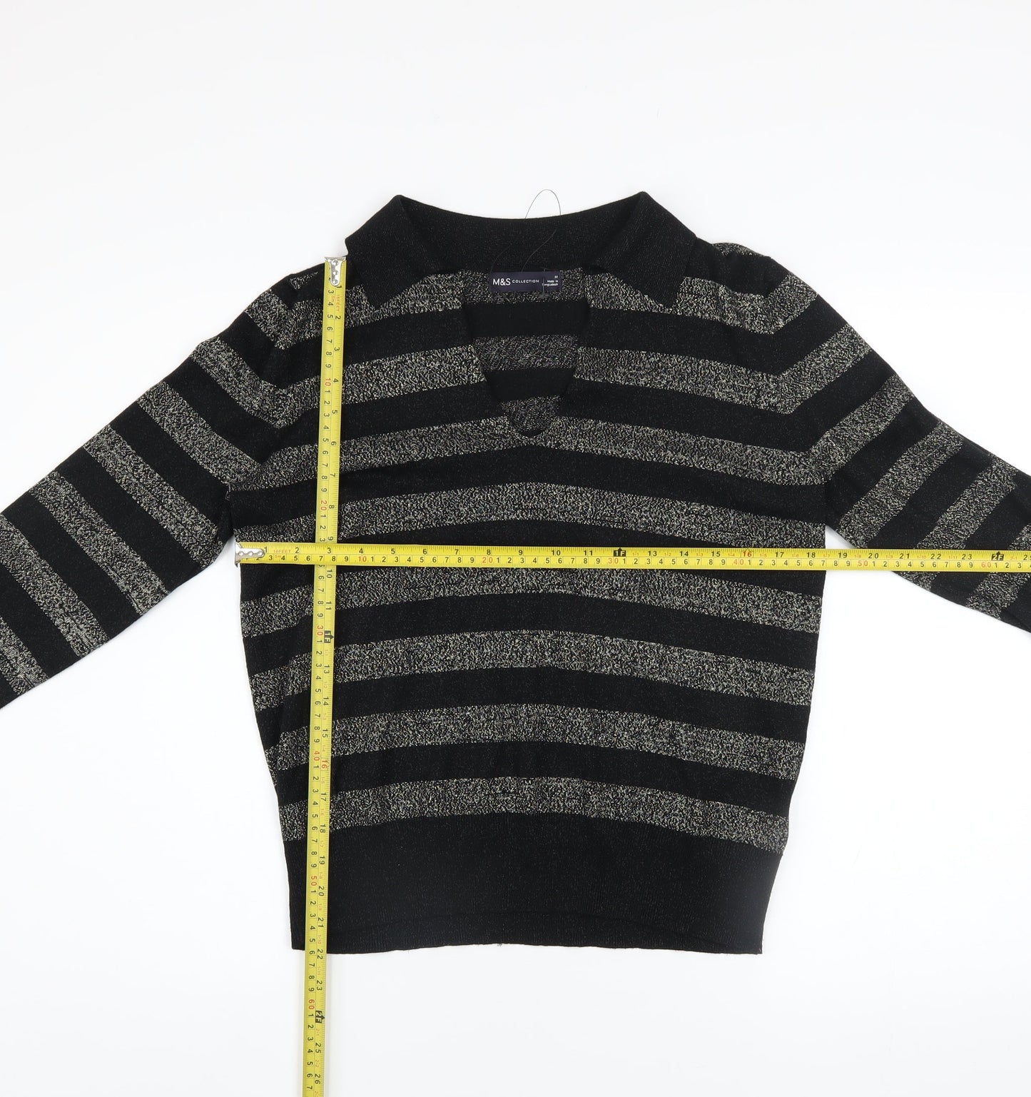 Marks and Spencer Womens Black Striped V-Neck Metallic Knit Jumper Size M