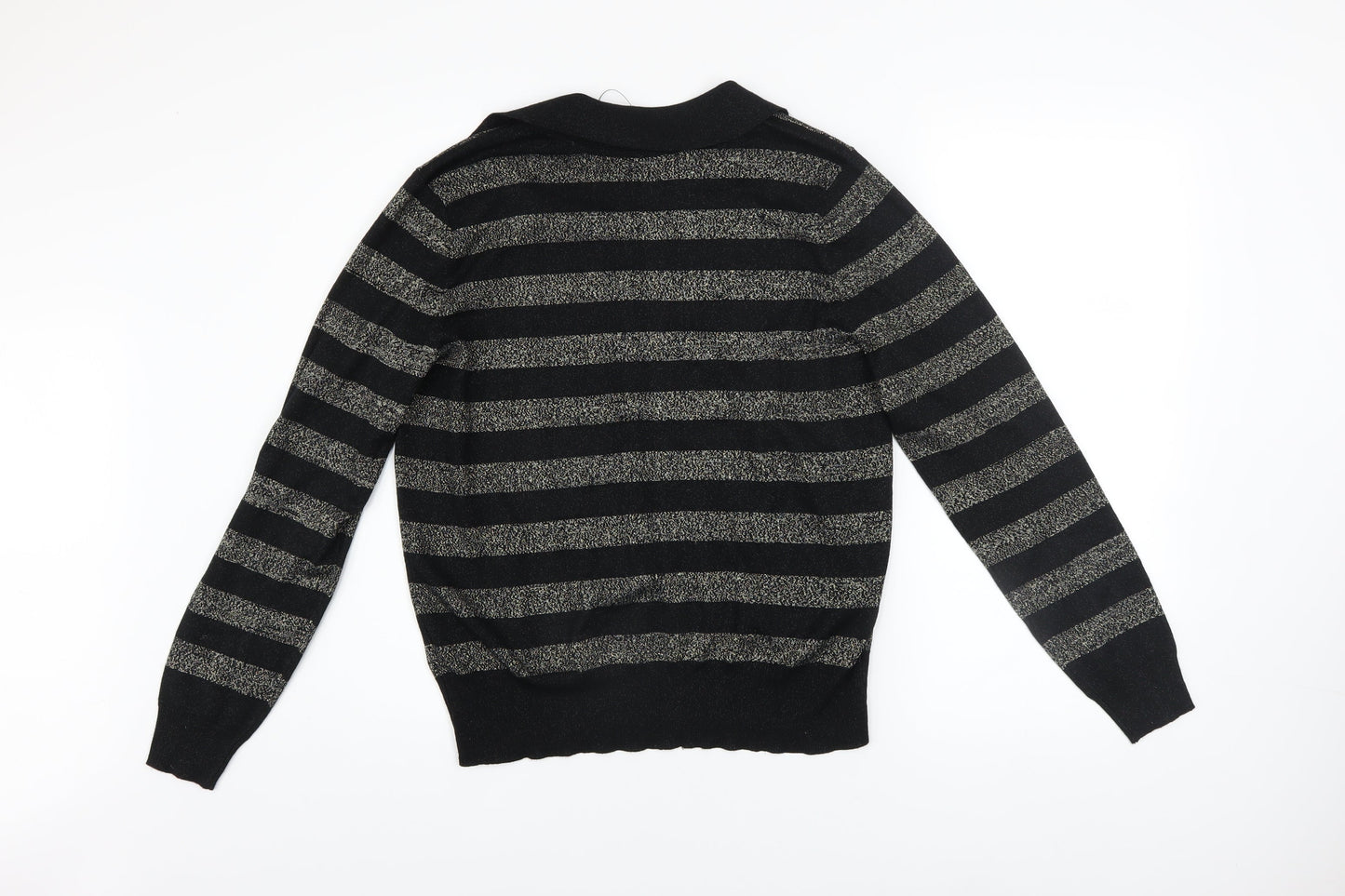 Marks and Spencer Womens Black Striped V-Neck Metallic Knit Jumper Size M