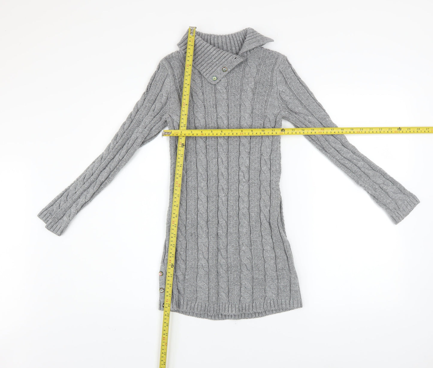 Miss Mona Mouse Girls Grey Knit Sweater Dress 7-8 Years Long Sleeve Button Collar