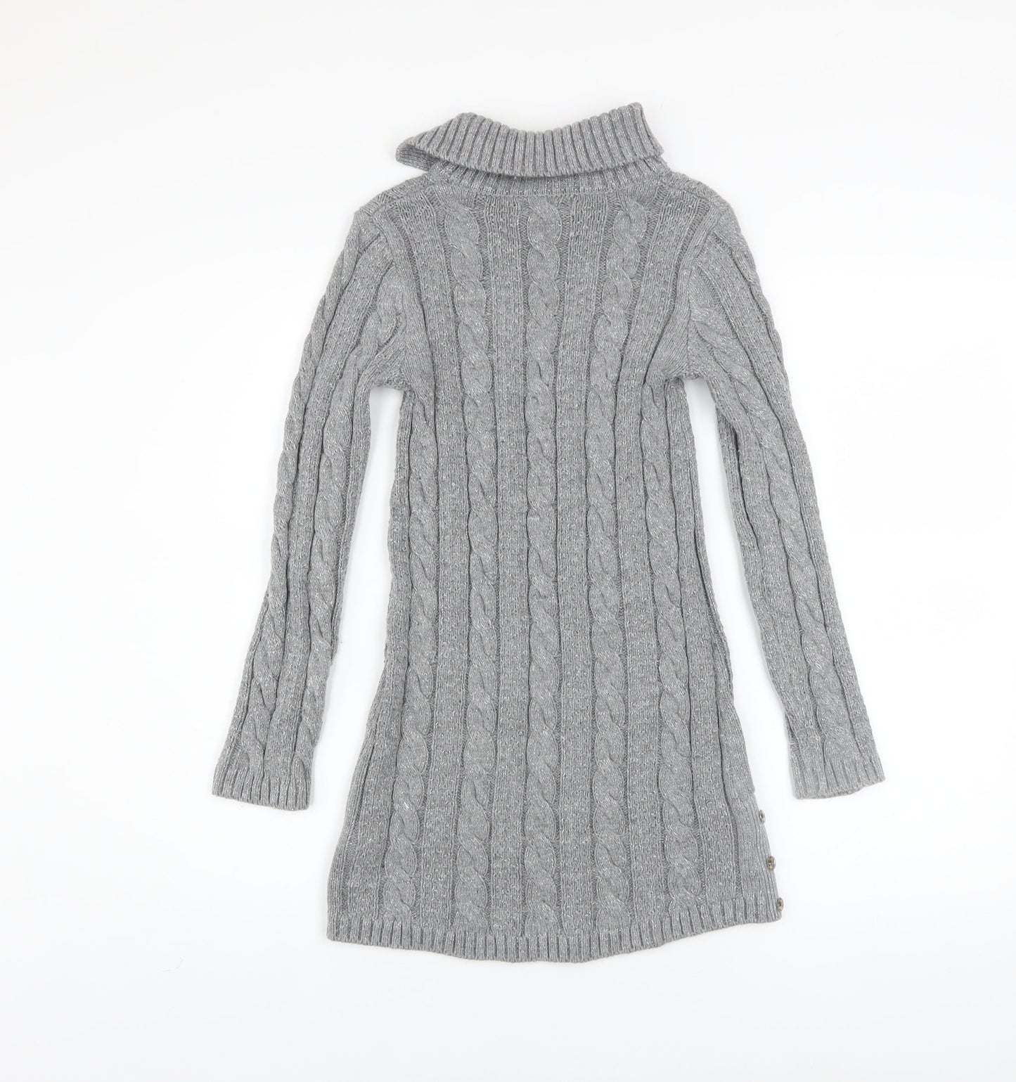 Miss Mona Mouse Girls Grey Knit Sweater Dress 7-8 Years Long Sleeve Button Collar