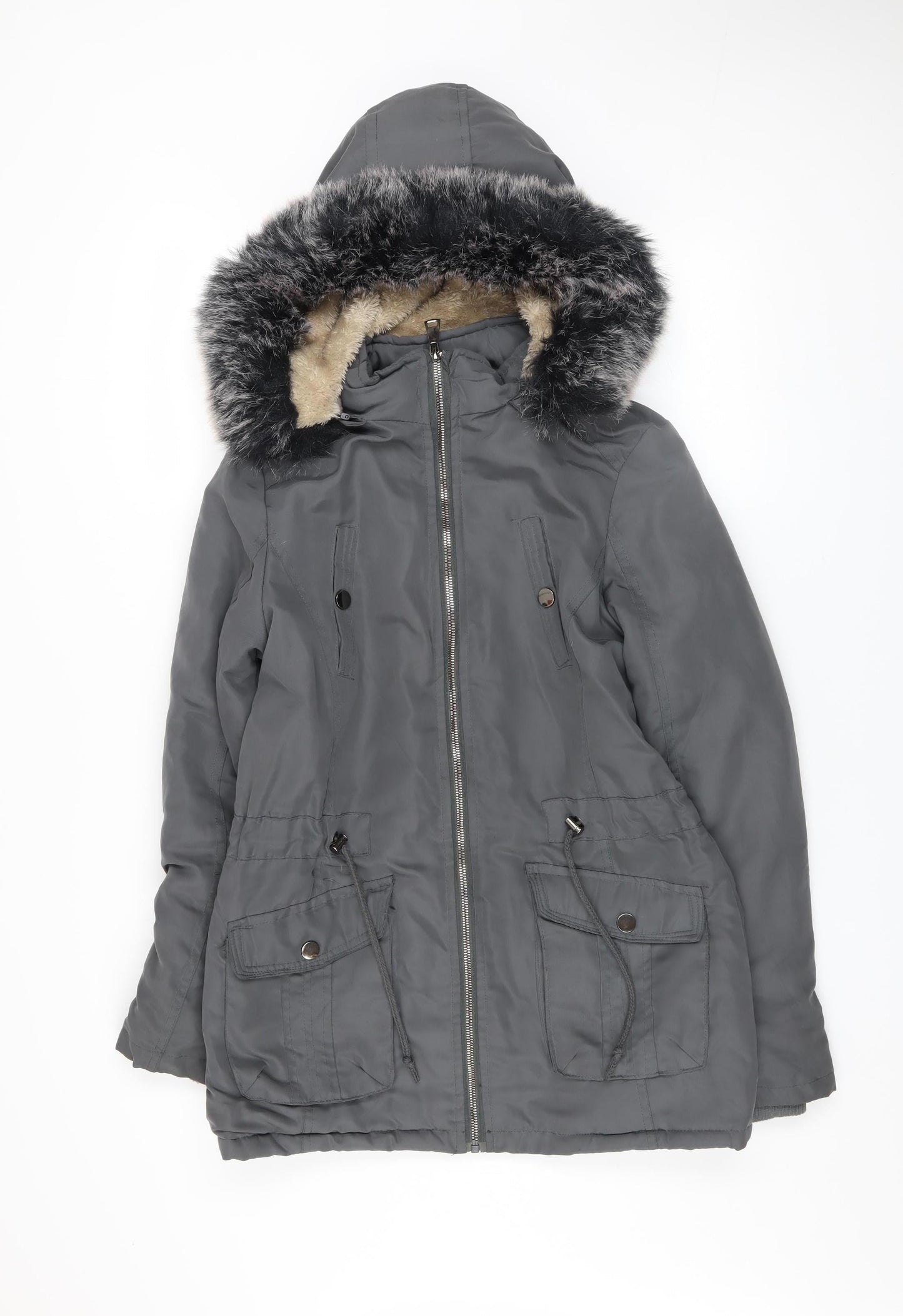 Hölstark Collection Women's Grey Faux Fur Trim Hooded Parka Coat Size S