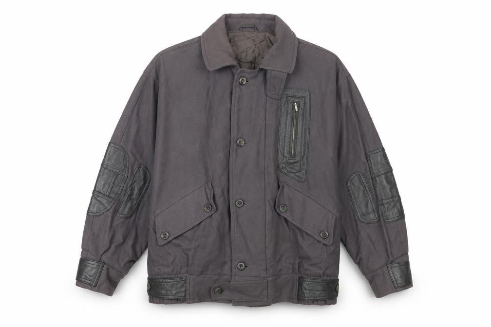 JS Styled in Italy Men's Grey Wool Bomber Jacket Size 46 with Leather Trim