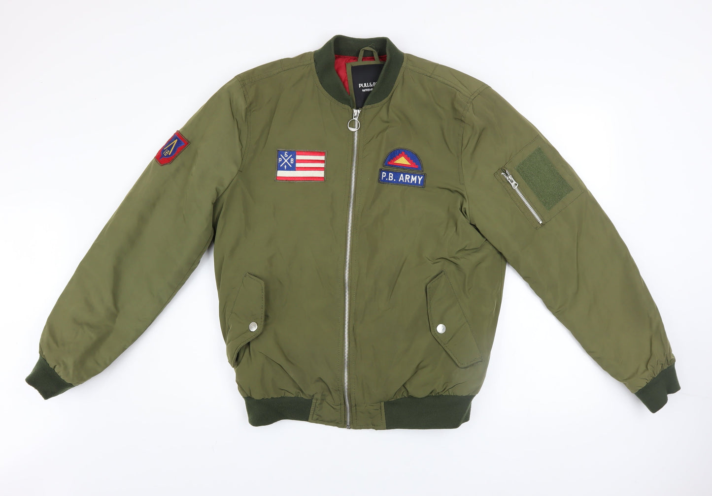 Pull & Bear Men's Green L Bomber Jacket Army Patch Nylon Zip