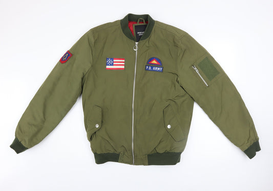 Pull & Bear Men's Green L Bomber Jacket Army Patch Nylon Zip