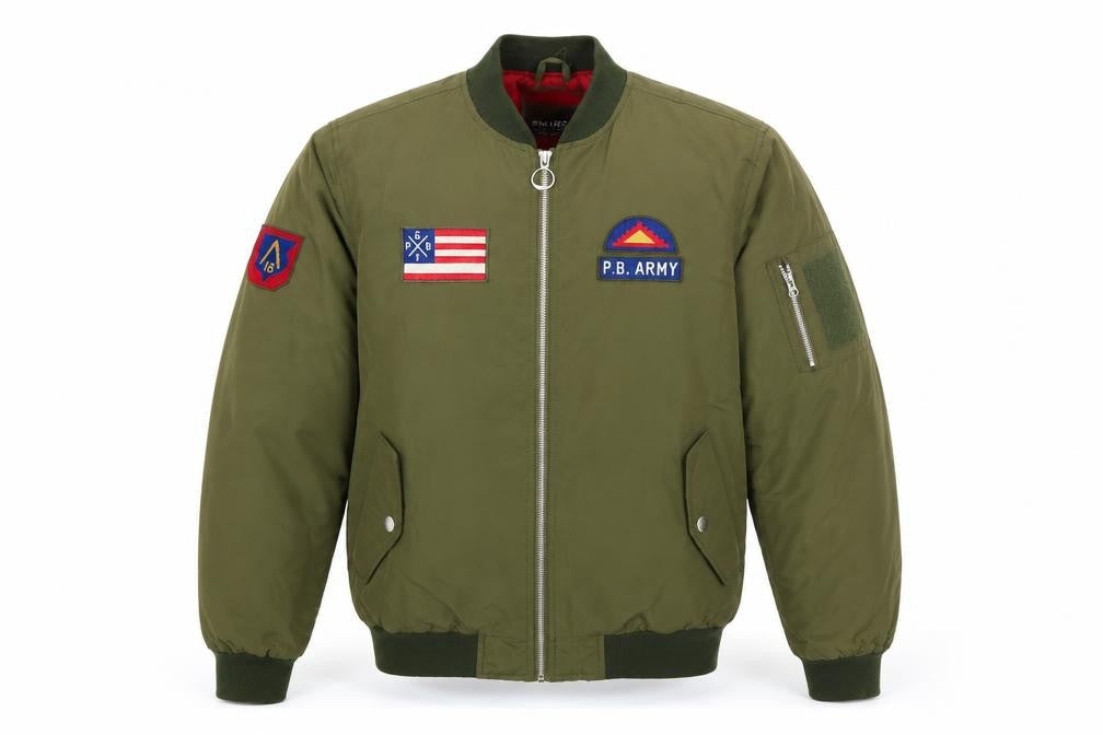 Pull & Bear Men's Green L Bomber Jacket Army Patch Nylon Zip