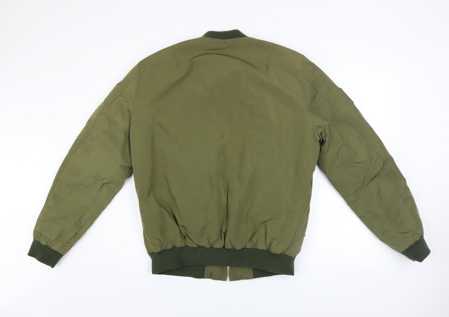 Pull & Bear Men's Green L Bomber Jacket Army Patch Nylon Zip