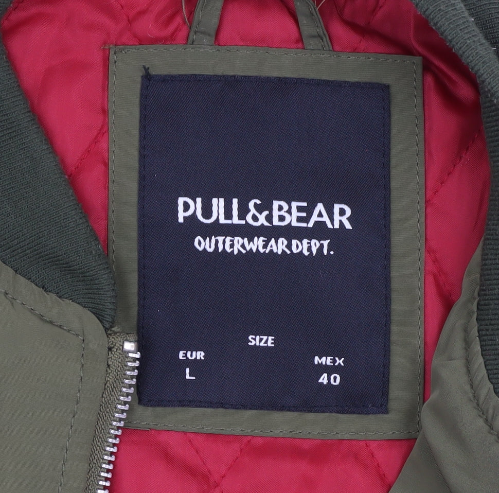Pull & Bear Men's Green L Bomber Jacket Army Patch Nylon Zip