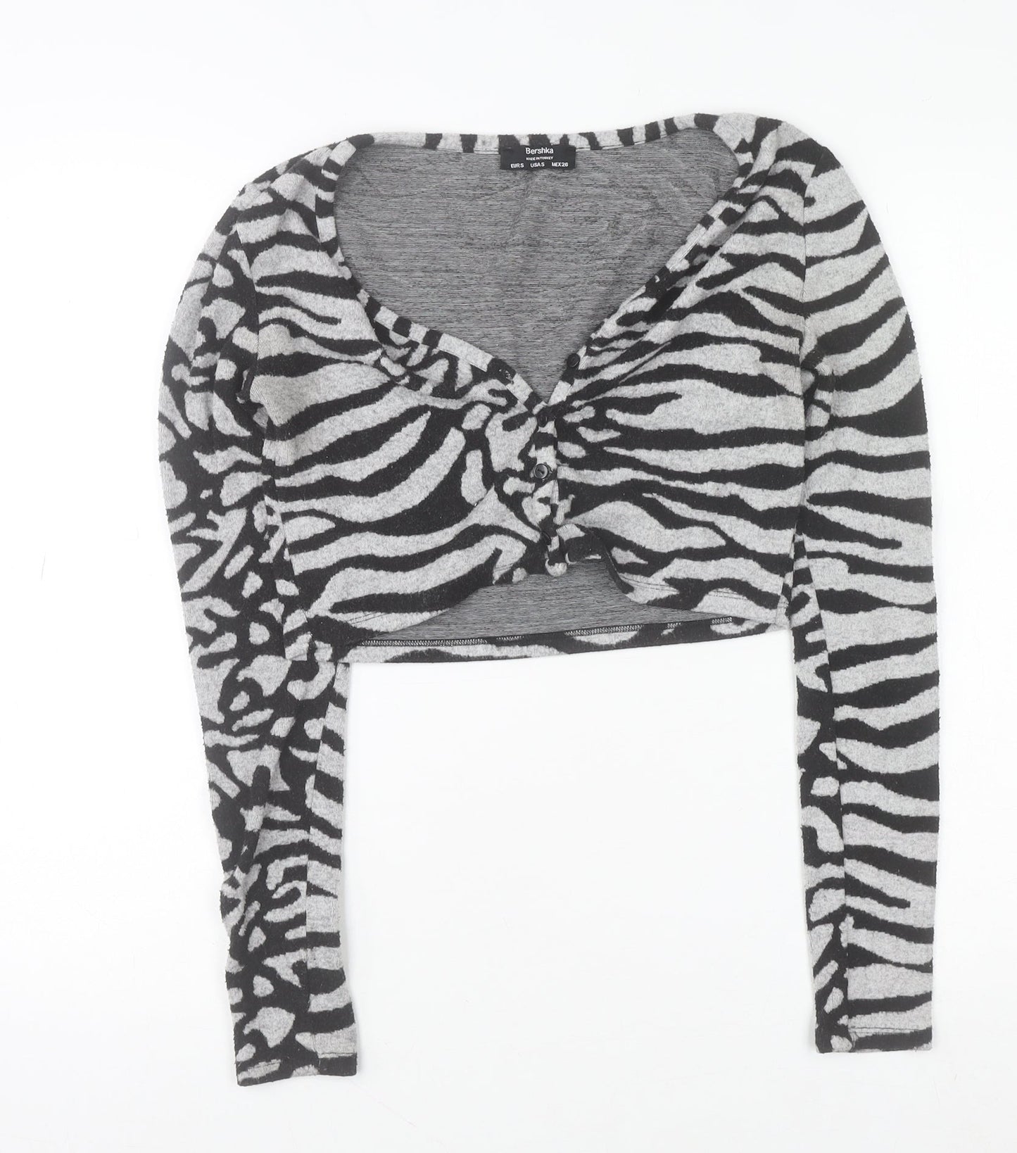 Bershka Women’s Grey Zebra Print Cropped Long Sleeve V-Neck Top Size S