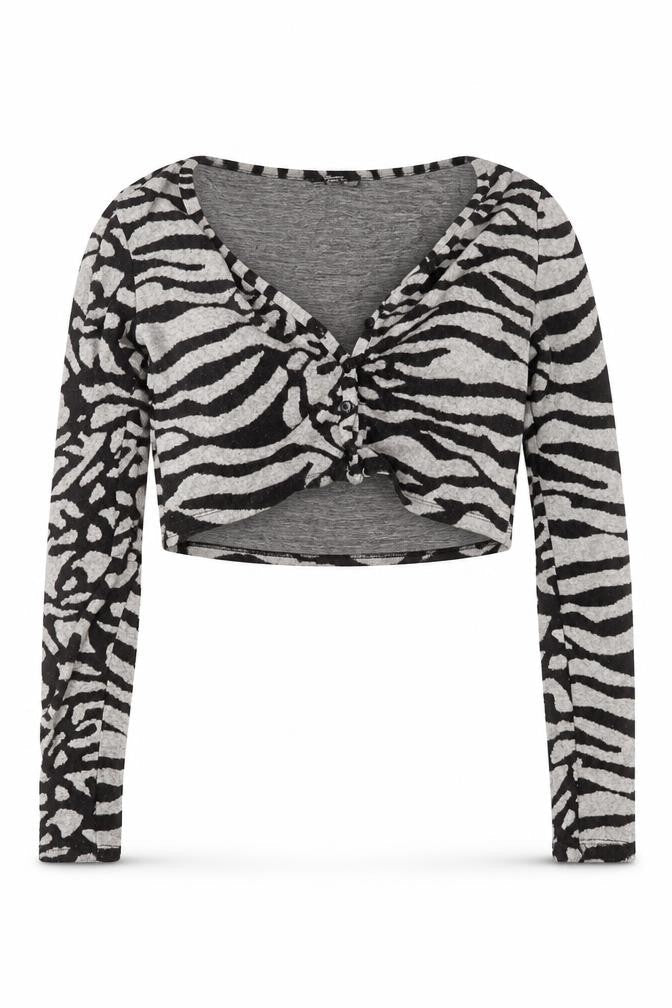 Bershka Women’s Grey Zebra Print Cropped Long Sleeve V-Neck Top Size S
