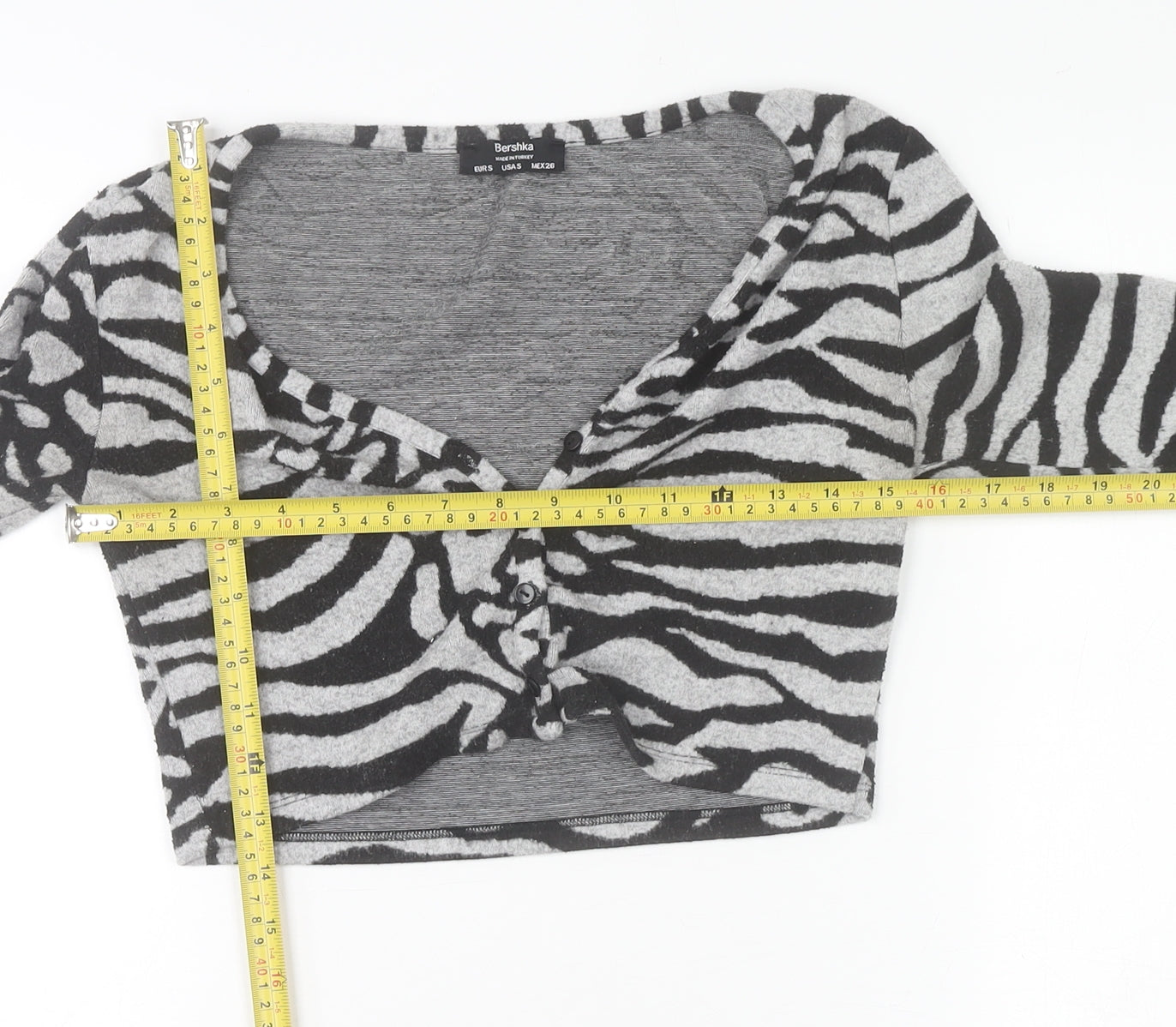 Bershka Women’s Grey Zebra Print Cropped Long Sleeve V-Neck Top Size S