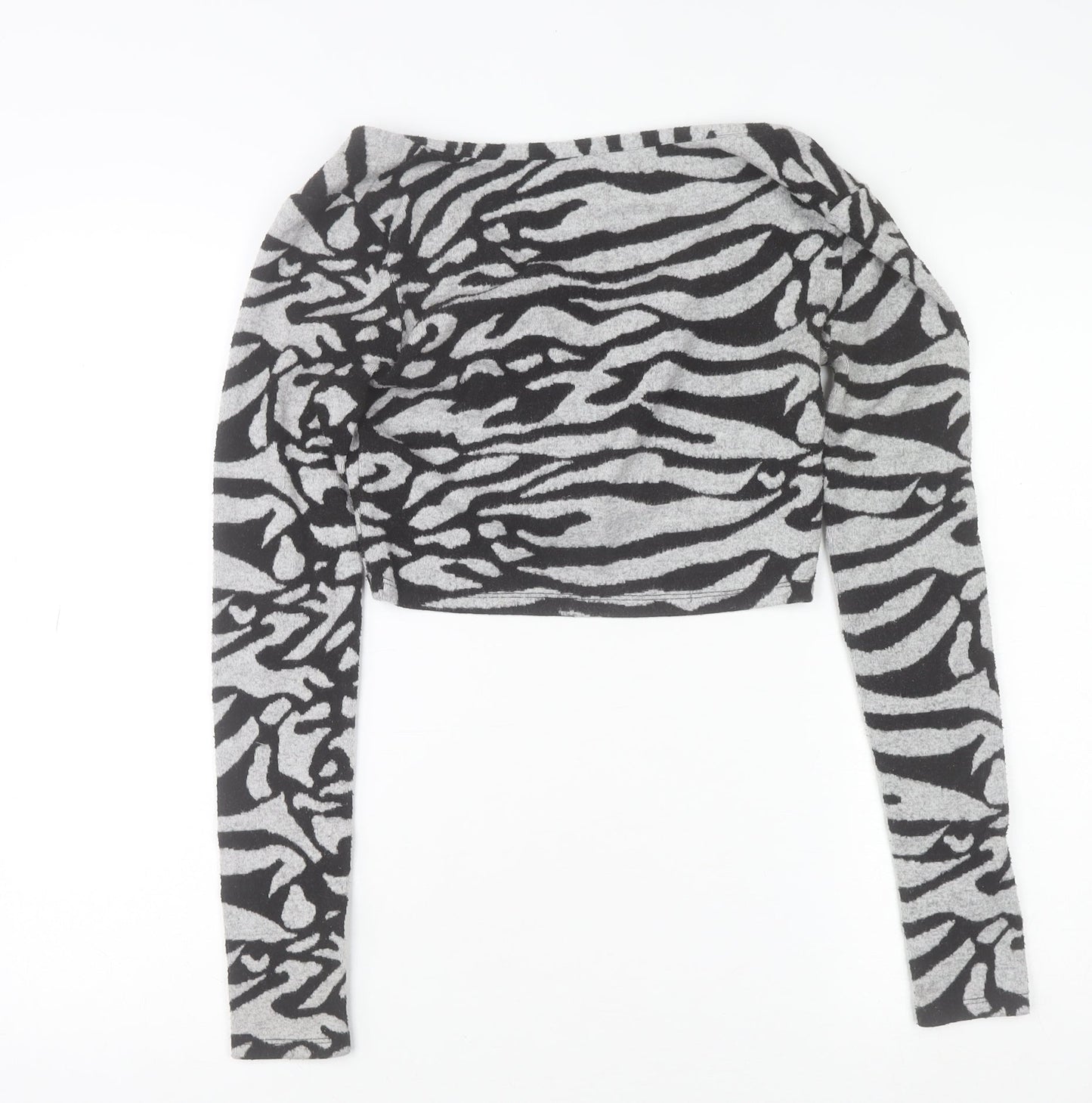 Bershka Women’s Grey Zebra Print Cropped Long Sleeve V-Neck Top Size S