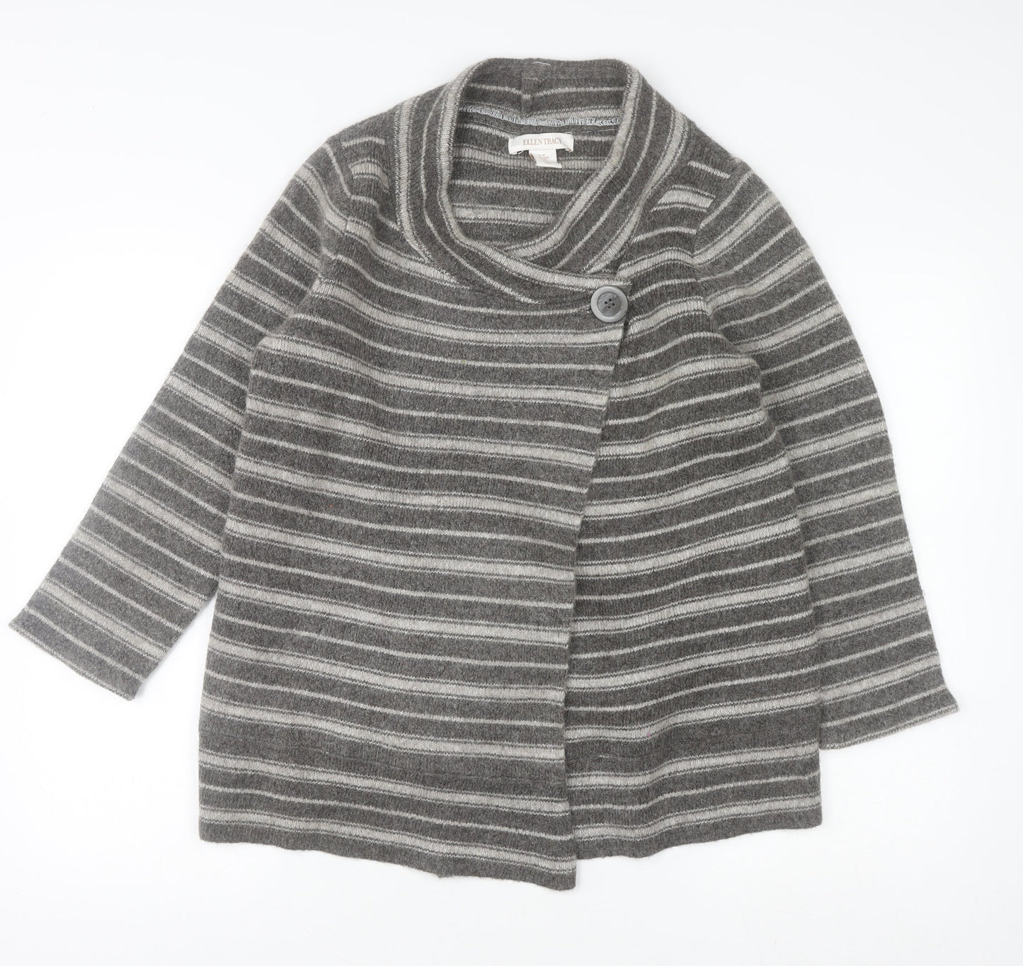 Ellen Tracy Womens Grey Striped Cowl Neck Cardigan Medium